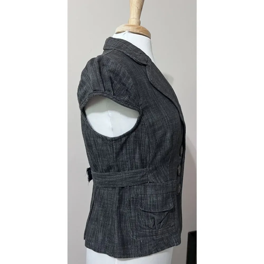 D.F.A New York Y2K Denim Blazer Top Womens M Stretch Cap Sleeve Dark Academia